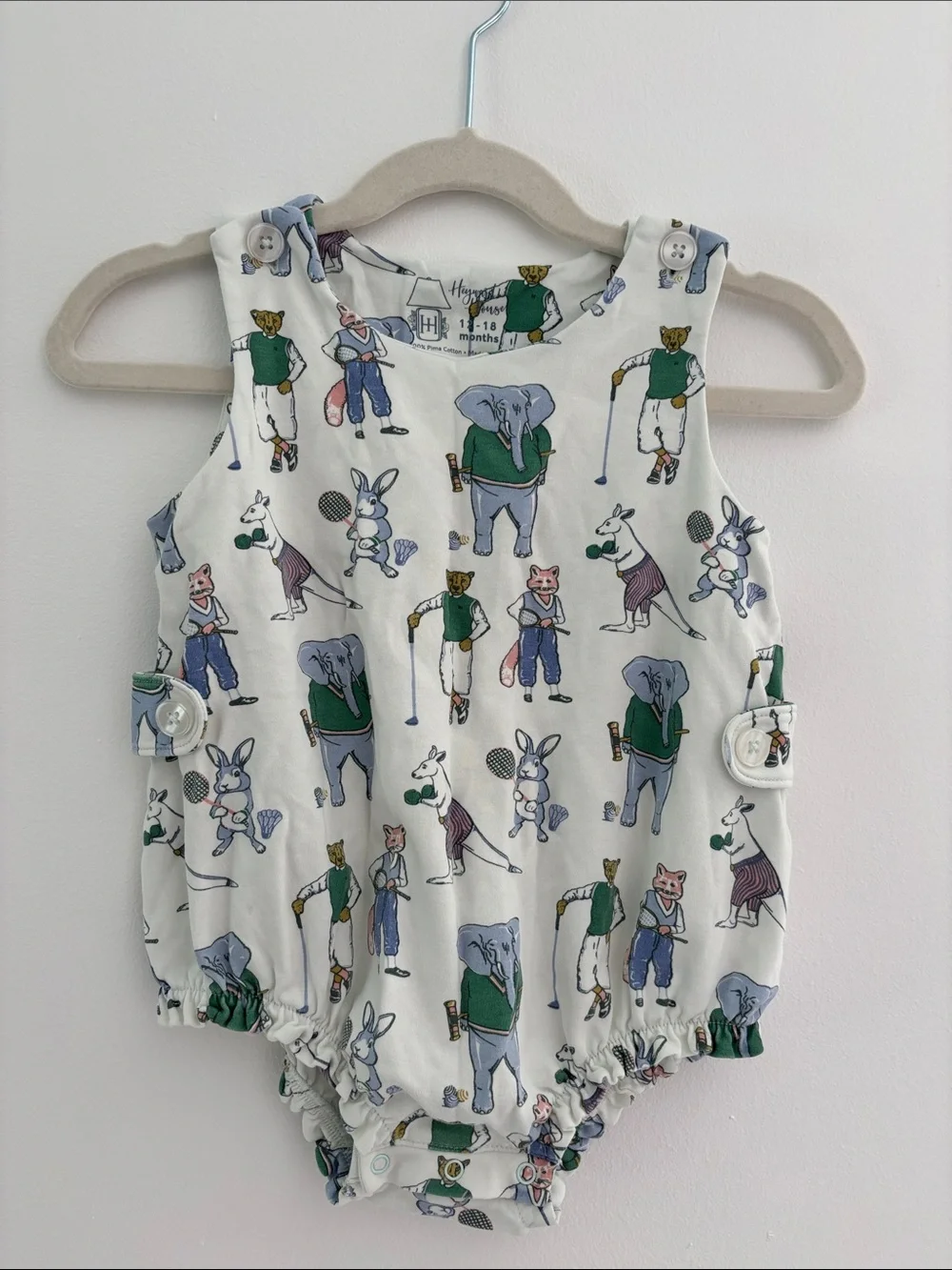 Heyward House Pima Cotton Cream Romper with Green & Blue Animal Golf Print